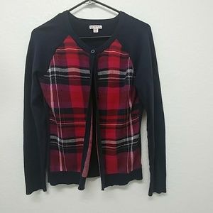 Plaid cardigan.